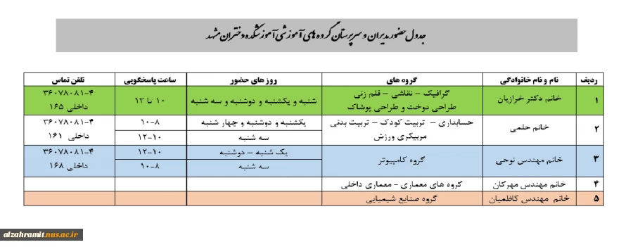 جدول حضور مدیران  و سرپرستان گروه های  آموزشی آموزشکده دختران مشهد 2