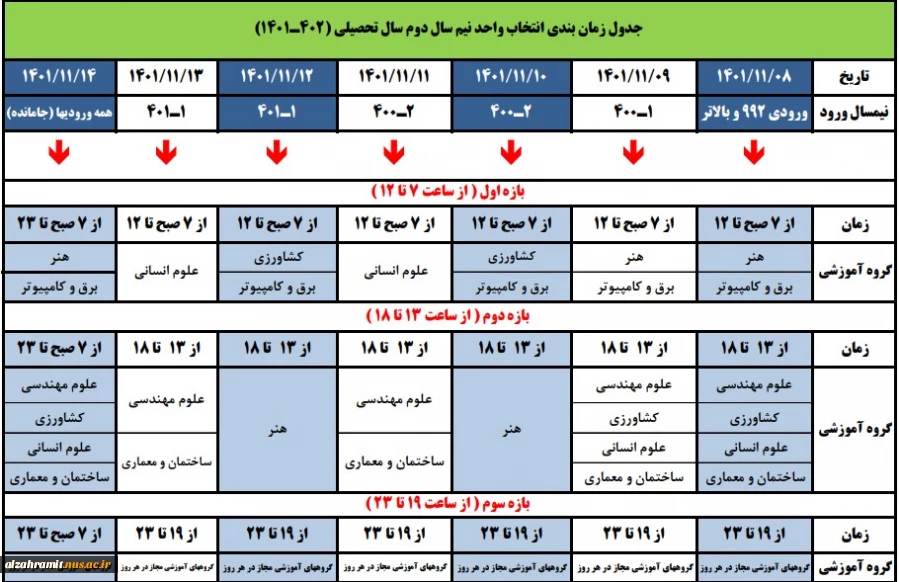 جدول زمانبندی انتخاب واحد نیم سال دوم سال تحصیلی 1402-1401 2