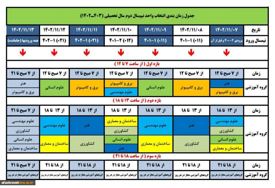 جدول زمان بندی انتخاب واحد نیمسال دوم سال تحصیلی 1402-1403 2